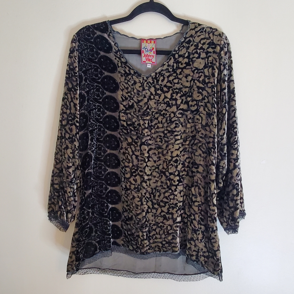 Johnny Was Womens Crushed Velvet Green Black Print Tunic Size M Pullover